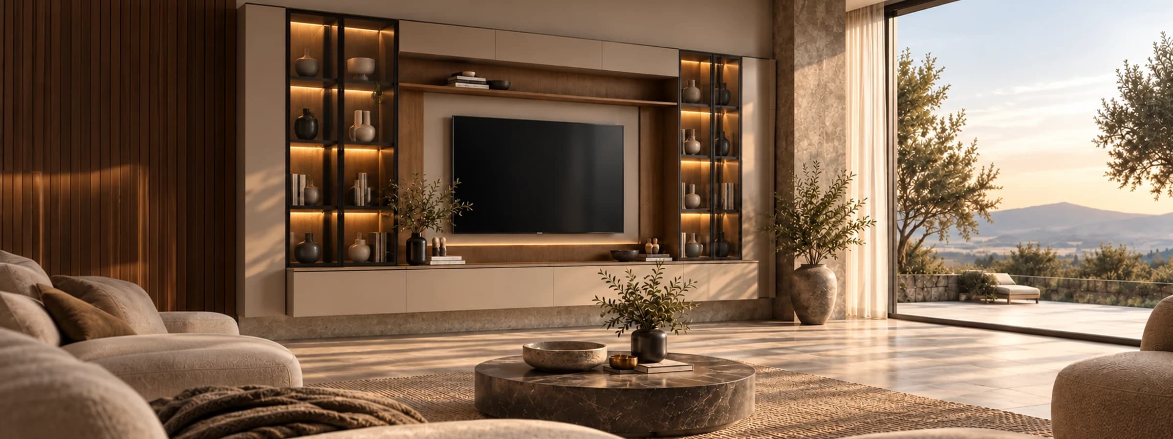 Aydınlatmalı vitrinleri ve yatay alt modülleriyle V2 TV duvarı tasarım görselleştirmesi