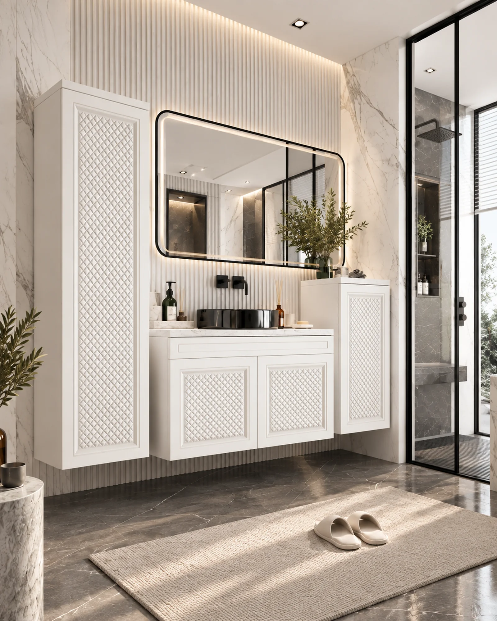 Lüks banyo dolabı: CNC işleme desenli kapak yüzeyleri, siyah lavabo ve aydınlatmalı ayna